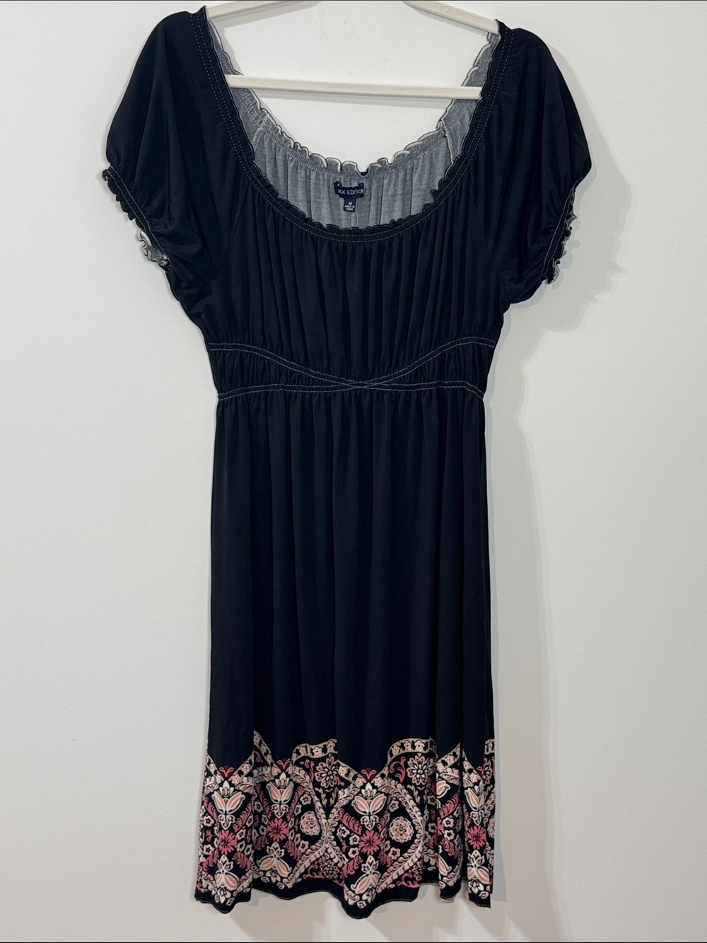 Max Edition Black w/ Pink Florals Hem Short Sleeve Midi Dress - Size Medium